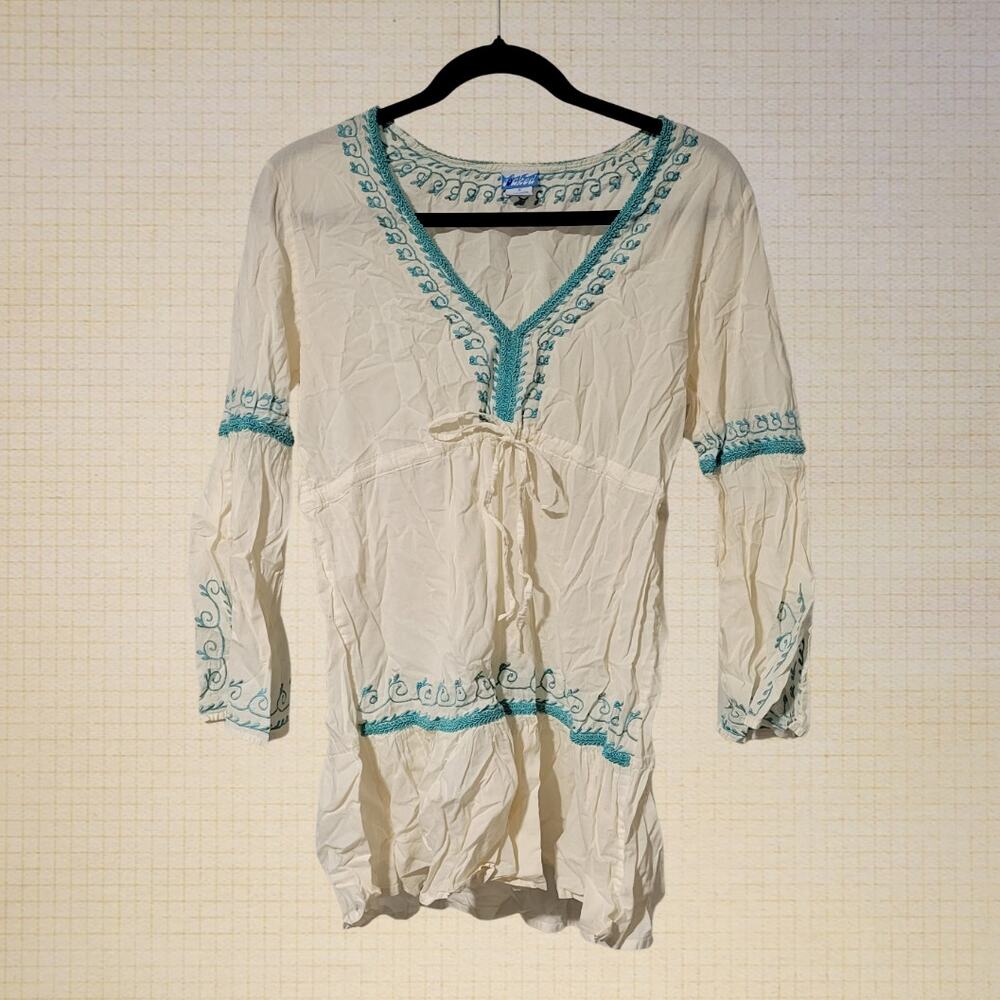Boho 2000s Soaked 100% Cotton Embroidered Festival Blouse Small Sleeve Tie Waist